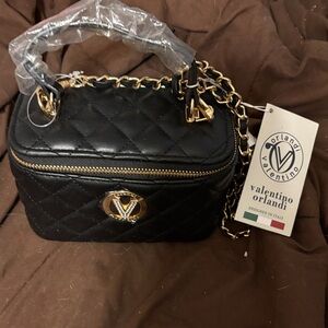 Valentino Orlandi Black Quilted Mini Bag with Gold Accents